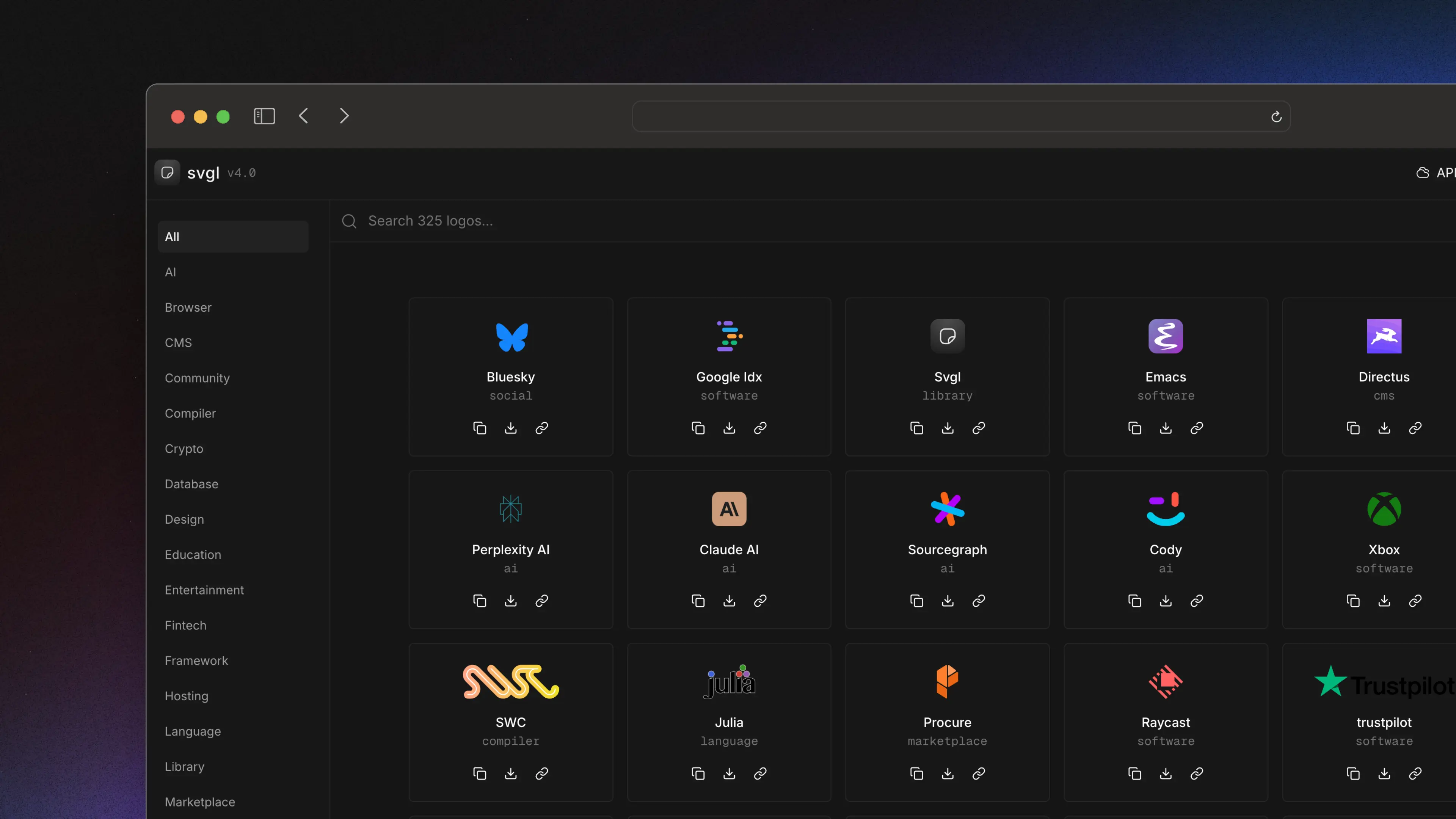 Captura de pantalla de del proyecto SVGL - A Beutiful library with SVG logos
